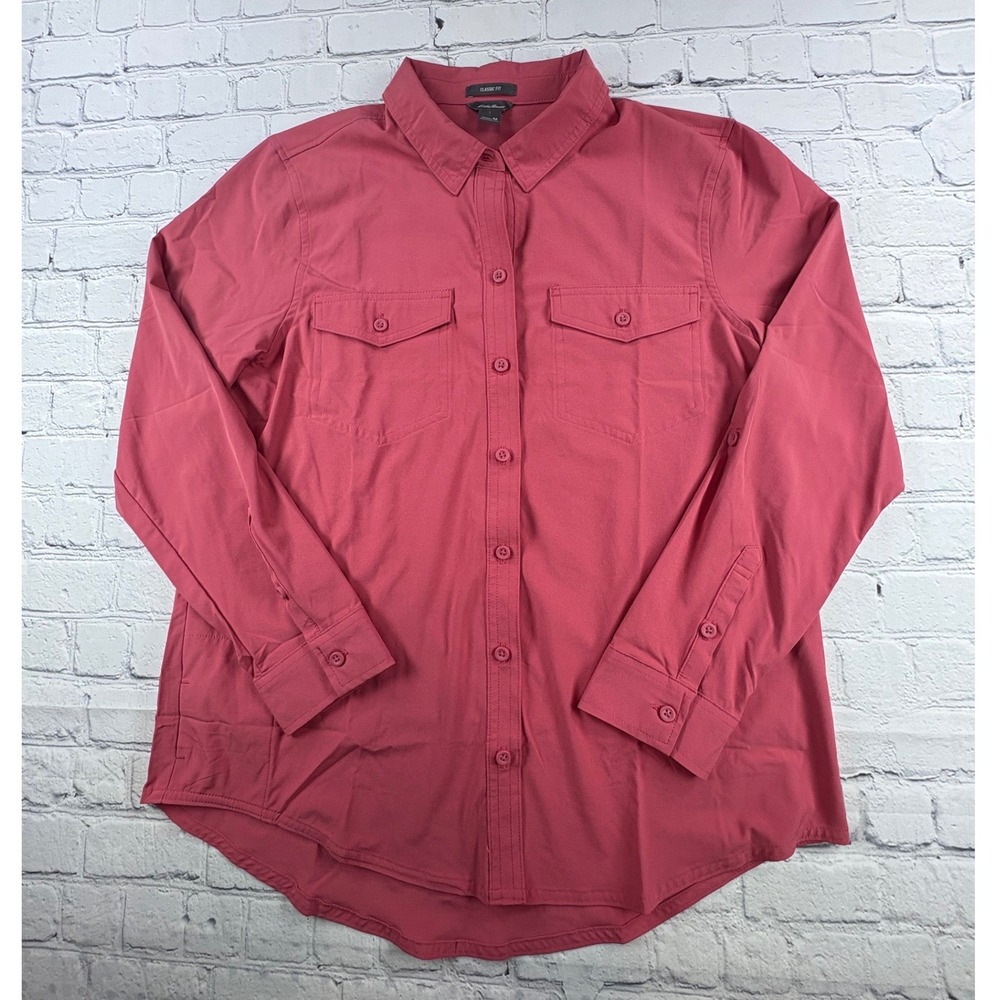 Eddie Bauer Departure Shirt Womens Size M Pink Long Sleeve Roll Tab Button Up